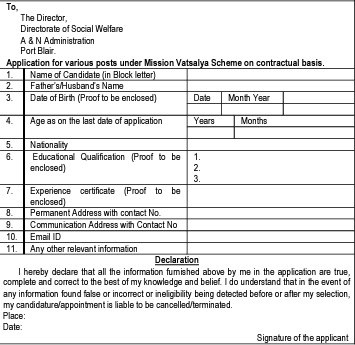 Application Format for Various Post under SW, Port Blair , Image Credit : DT 08.03-2024