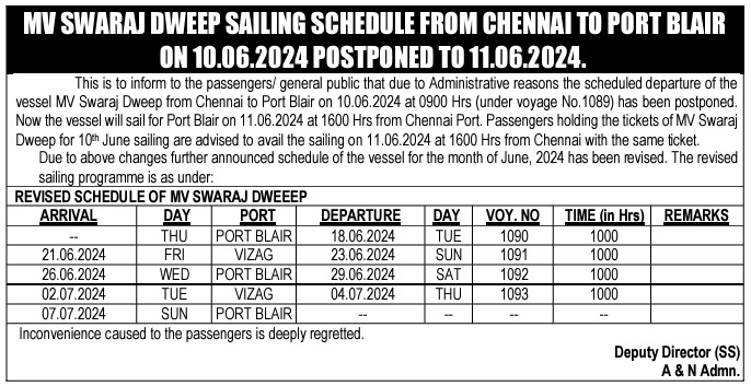 ANDAMAN SHPPING SCHEDULE JUNE 8 2024