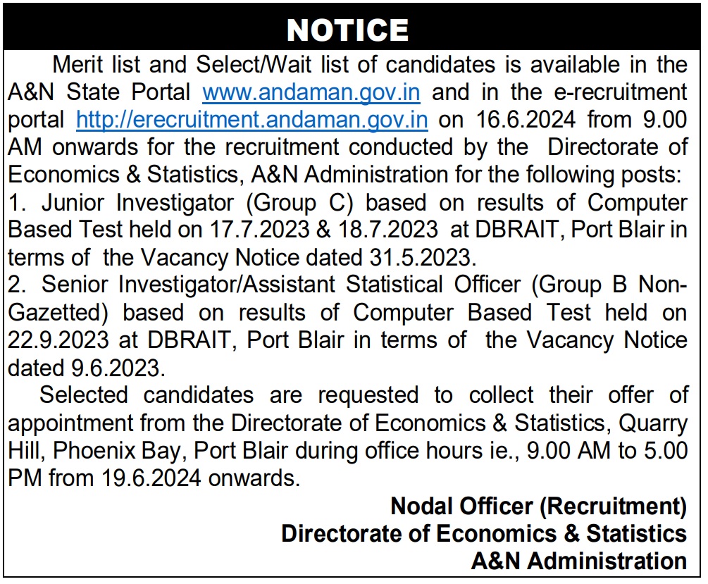 Merit list and Select/Wait list of candidates is available in the A&N State Portal