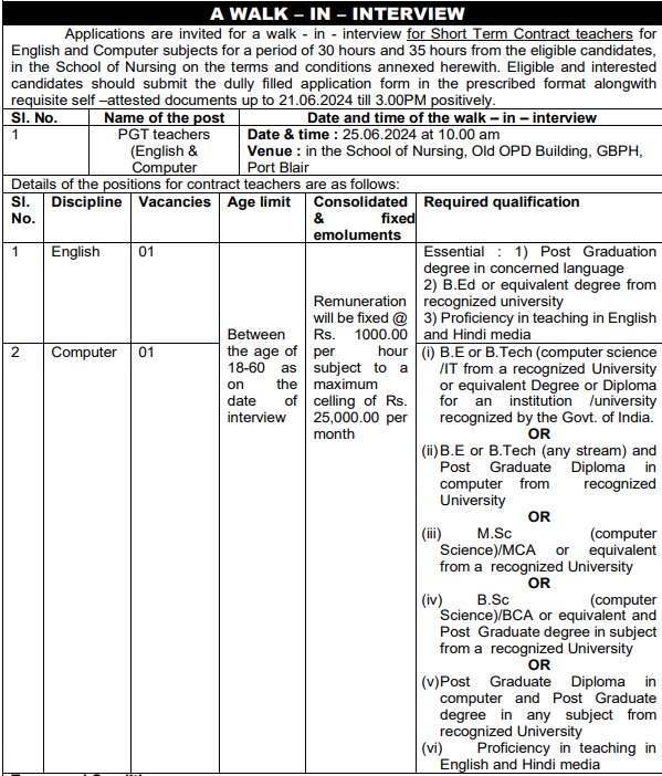 Short Term Contract teachers for
English and Computer subjects